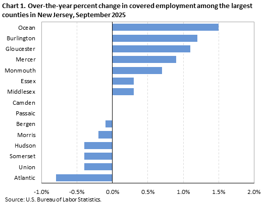 Chart 1. Over-the-year percent change in covered employment among the largest counties in New Jersey, September 2025 Chart 1. Over-the-year percent change in covered employment among the largest counties in New Jersey, September 2025