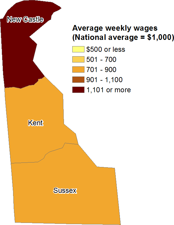 Chart 1. Average weekly wages by county in Delaware, fourth quarter 2013