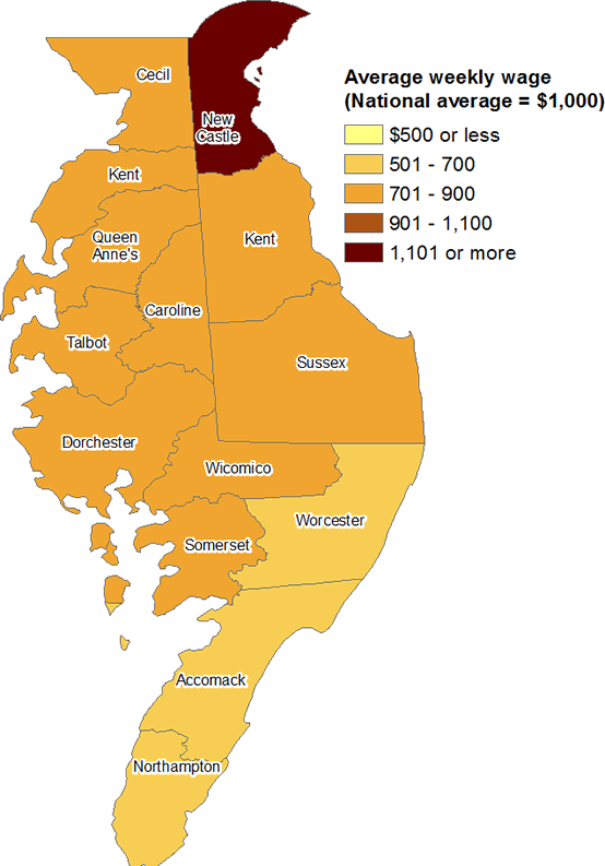 CHart 1. Average wekly wages by county on the Delmarva Peninsula, fourth quarter 2013