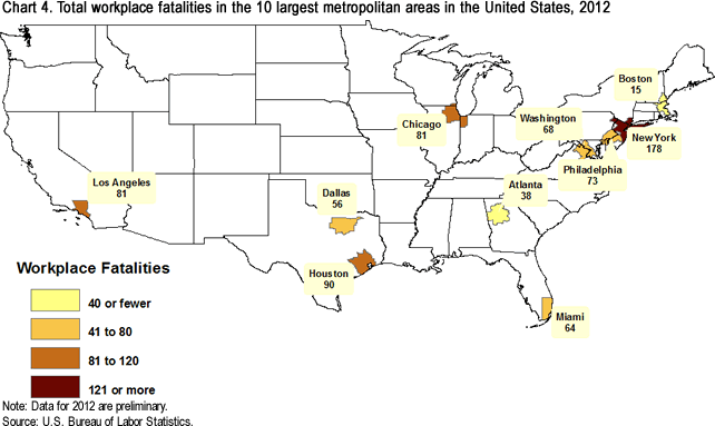 Chart 4. Total workplace fatalities in the 10 largest metropolitan areas in the United States, 2012
