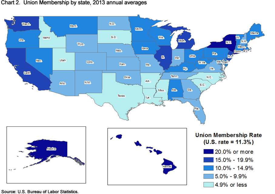 Chart 2. Union Membership by state, 2013 annual averages