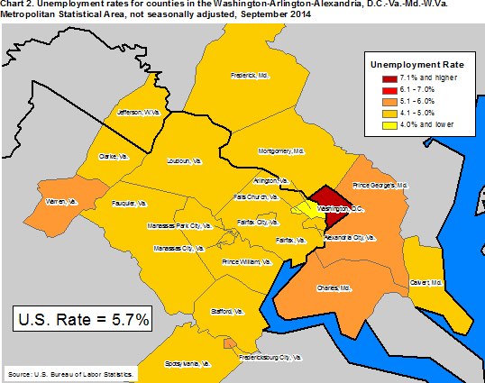 Chart 2. Unemployment rates for counties in the Washington-Arlington-Alexandria, D.C.-Va.-Md.-W.Va. Metropolitan Statistical Area, not seasonally adjusted, September 2014