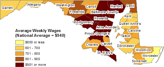 Chart 1. Average weekly wages by county in Maryland, second quarter 2014