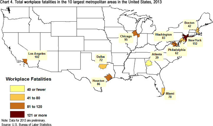 Chart 4. Total workplace fatalities in the 10 largest metropolitan areas in the United States, 2013