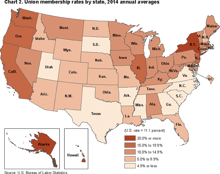 Chart 2. Union membership by state, 2014 annual averages