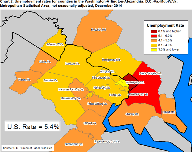 Chart 2. Unemployment rates for counties in the Washington-Arlington-Alexandria, D.C.-Va.-Md.-W.Va. Metropolitan Statistical Area, not seasonally adjusted, December 2014