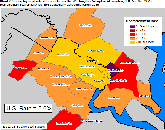 Chart 2. Unemployment rates for counties in the Washington-Arlington-Alexandria, D.C.-Va.-Md.-W.Va. Metropolitan Statistical Area, not seasonally adjusted, March 2015