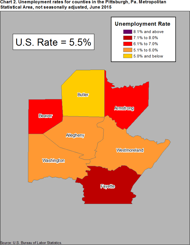 Chart 2. Unemployment rates for counties in the Pittsburgh, Pa. Metropolitan Statistical Area, not seasonally adjusted, June 2015
