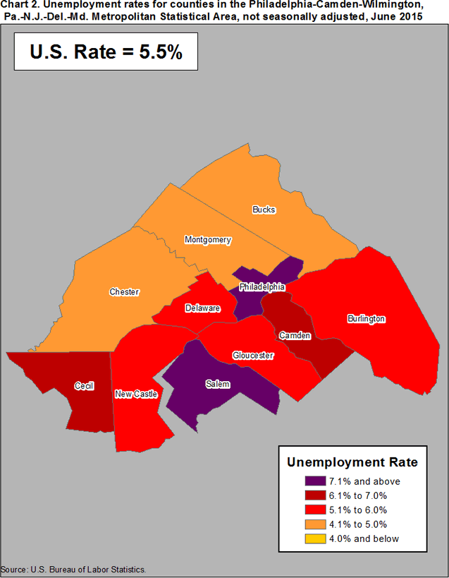 Chart 2. Unemployment rates for counties in the Philadelphia-Camden-Wilmington, Pa.-N.J.-Del.-Md. Metropolitan Statistical Area, not seasonally adjusted, June 2015