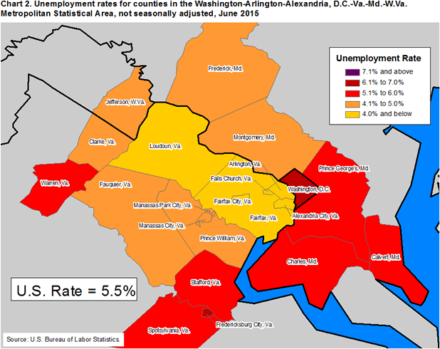 Chart 2. Unemployment rates for counties in the Washington-Arlington-Alexandria, D.C.-Va.-Md.-W.Va. Metropolitan Statistical Area, not seasonally adjusted, June 2015