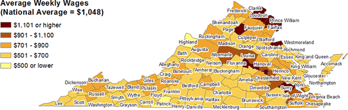 Chart 1. Average weekly wages by county in Virginia, first quarter 2015