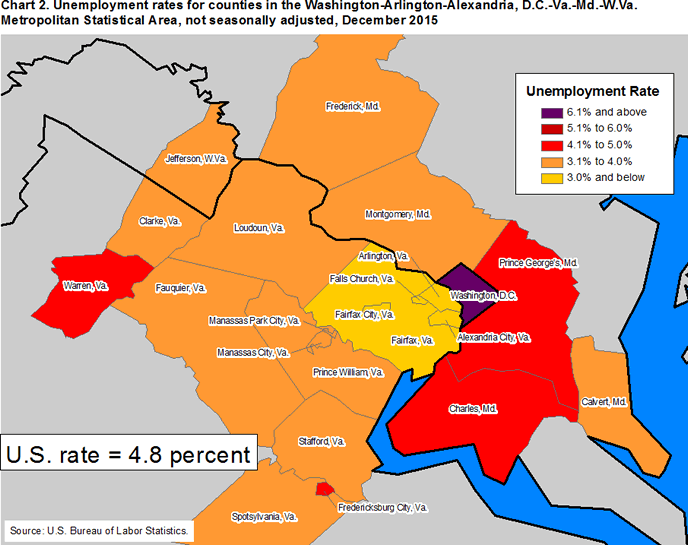 Chart 2. Unemployment rates for counties in the Washington-Arlington-Alexandria, D.C.-Va.-Md.-W.Va. Metropolitan Statistical Area, not seasonally adjusted, December 2015