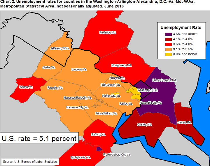 Chart 2. Unemployment rates for counties in the Washington-Arlington-Alexandria, D.C.-Va.-Md.-W.Va. Metropolitan Statistical Area, June 2016