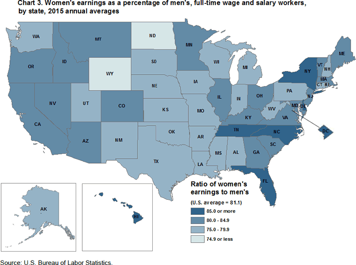 Chart 3. Womens earnings as a percentage of mens, full-time wage and salary workers, by state, 2015 annual averages