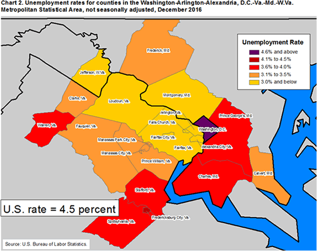 Chart 2. Unemployment rates for counties in the Washington-Arlington-Alexandria, D.C.-Va.-Md.-W.Va. Metropolitan Statistical Area, not seasonally adjusted, December 2016