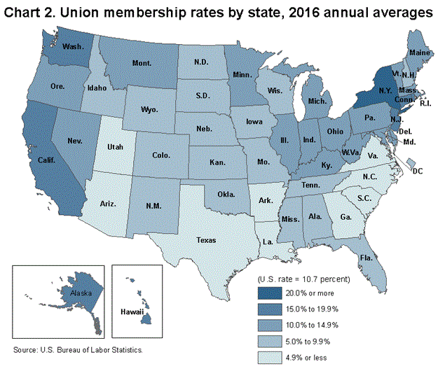 Chart 2. Union membership rates by state, 2016 annual averages