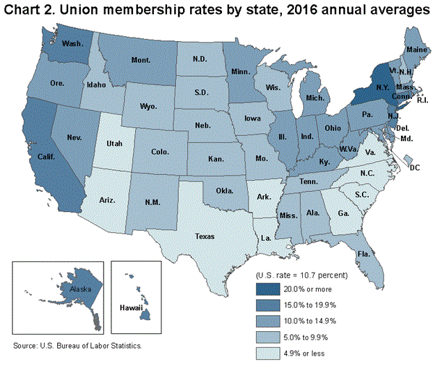 Chart 2. Union membership rates by state, 2016 annual averages