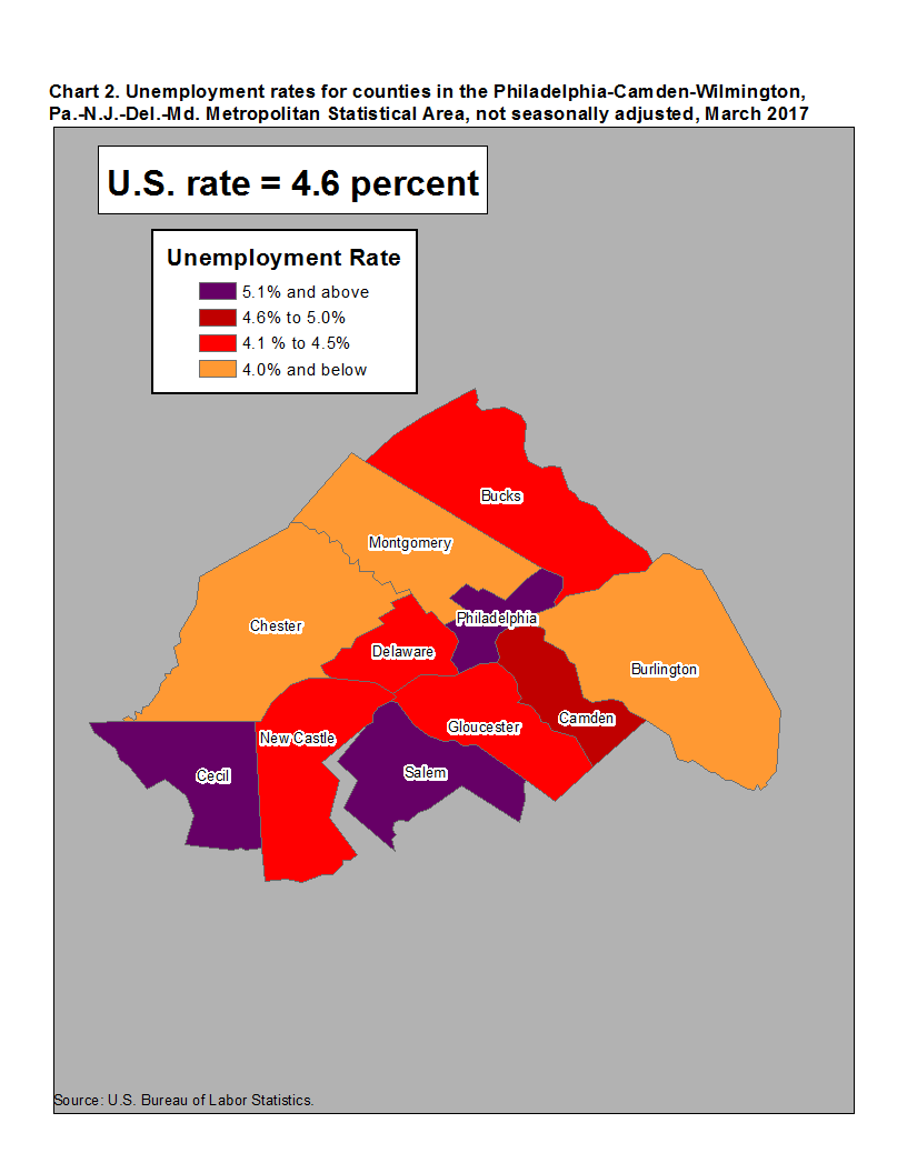 Chart 2. Unemployment rates for counties in the Philadelphia-Camden-Wilmington, Pa.-N.J.-Del.-Md. Metropolitan Statistical Area, not seasonally adjusted, March 2017