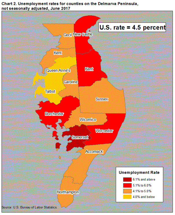 Chart 2. Unemployment rates for counties on the Delmarva Peninsula, not seasonally adjusted, June 2017
