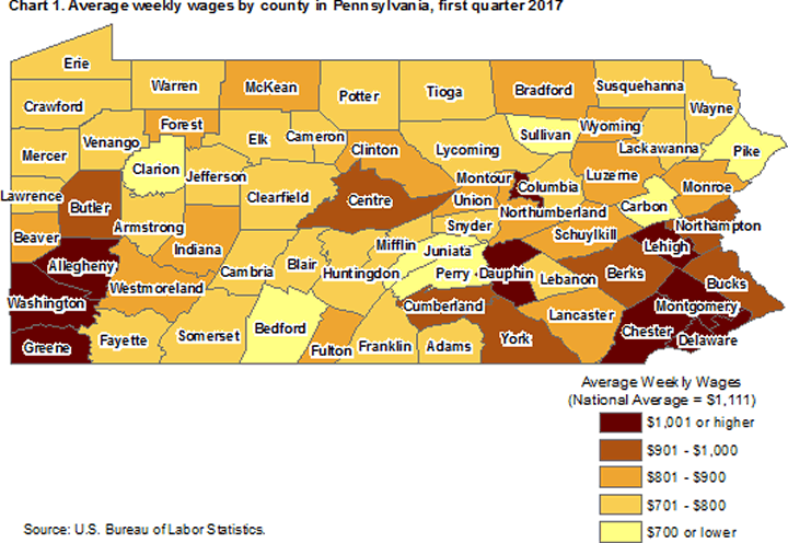 Chart 1. Average weekly wages by county in Pennsylvania, first quarter 2017