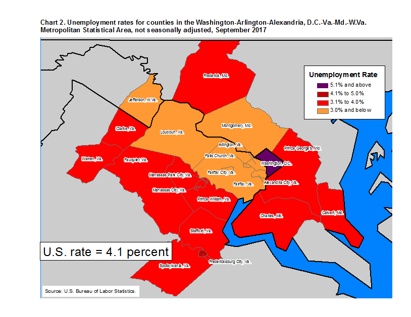 Chart 2. Unemployment rates for counties in the Washington-Arlington-Alexandria, DC-VA-MD-WV Metropolitan Statistical Area, not seasonally adjusted, September 2017