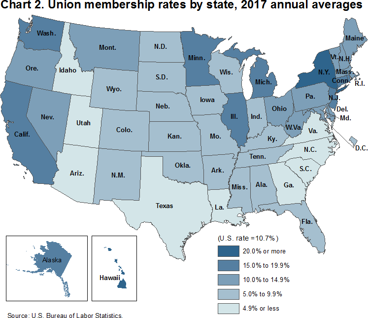 Chart 2. Union membership rates by state, 2017 annual averages