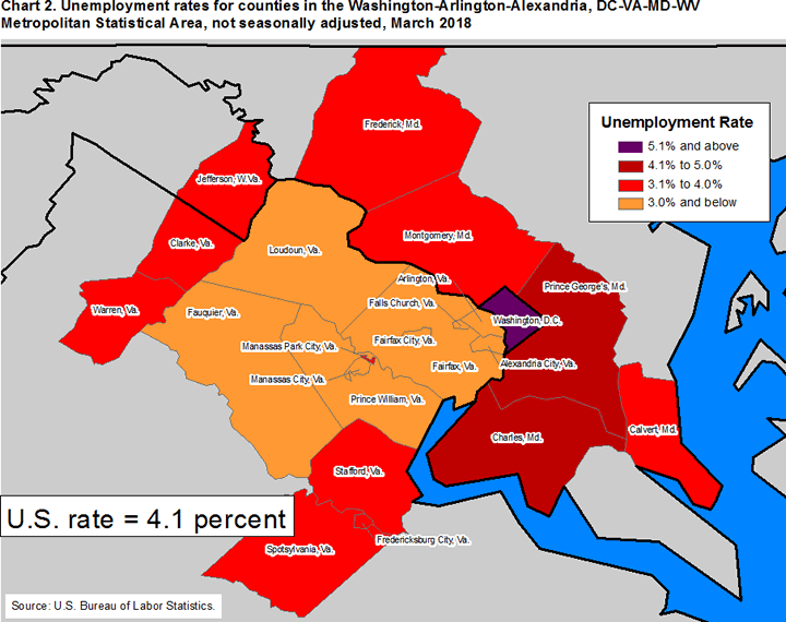 Chart 2. Unemployment rates for counties in the Washington-Arlington-Alexandria, DC-VA-MD-WV Metropolitan Statistical Area, not seasonally adjusted, March 2018