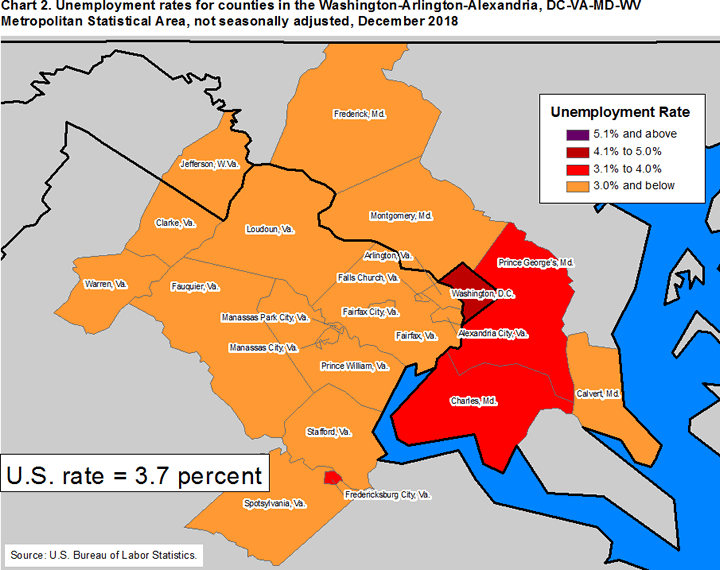 Chart 2. Unemployment rates for counties in the Washington-Arlington-Alexandria, DC-VA-MD-WV Metropolitan Statistical Area, not seasonally adjusted, December 2018