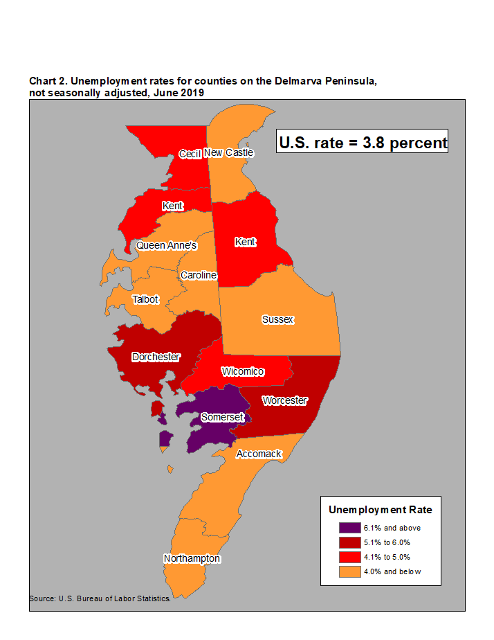 Chart 2. Unemployment rates for counties on the Delmarva Peninsula, not seasonally adjusted, June 2019