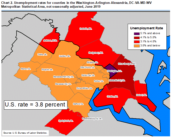 Chart 2. Unemployment rates for counties in the Washington-Arlington-Alexandria, DC-VA-MD-WV Metropolitan Statistical Area, not seasonally adjusted, June 2019