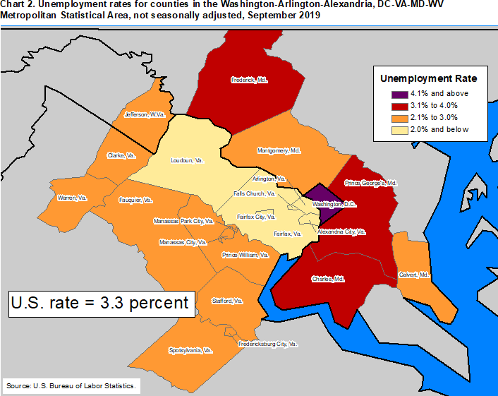Chart 2. Unemployment rates for counties in the Washington-Arlington-Alexandria, DC-VA-MD-WV Metropolitan Statistical Area, not seasonally adjusted, September 2019