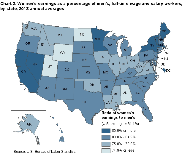 Chart 3. Womens earnings as a percentage of mens, full-time wage and salary workers, by state, 2018 annual averages
