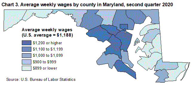 Chart 3. Average weekly wages by county in Maryland, second quarter 2020