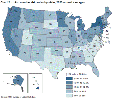 Chart 2. Union membership rates by state, 2020 annual averages