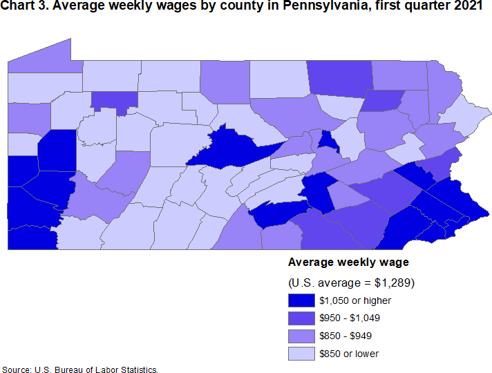 Chart 3. Average weekly wages by county in Pennsylvania, first quarter 2021