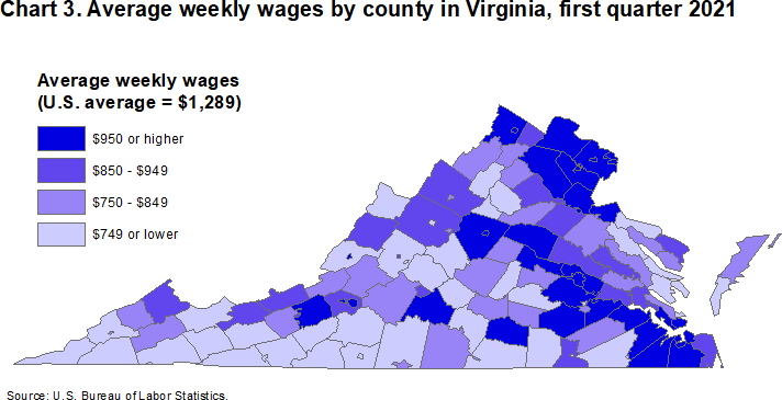 Chart 3. Average weekly wages by county in Virginia, first quarter 2021