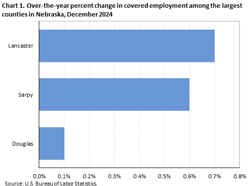 Bar chart of over-the-year percent change in covered employment among the largest counties in Nebraska, December 2024. An accessible version is available in View Chart Data link below the chart.