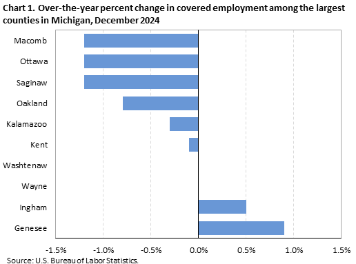 Horizontal bar chart displaying over-the-year percent change in covered employment among the largest counties in Michigan in December 2024. An accessible version is available in the View Chart Data link below the chart.