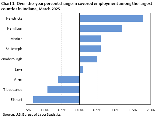 Horizontal bar chart displaying over-the-year percent change in covered employment among the largest counties in Indiana in March 2025. An accessible version is available in the View Chart Data link below the chart.