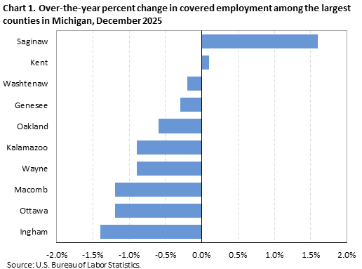 Horizontal bar chart displaying over-the-year percent change in covered employment among the largest counties in Michigan in December 2025. An accessible version is available in the View Chart Data link below the chart.