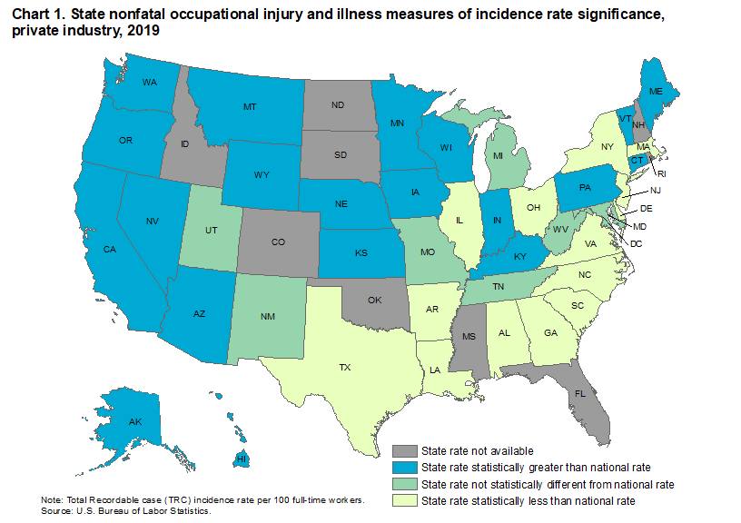 Chart 1. State nonfatal occupational injury and illness measures of incidence rate significance, private industry, 2019 Chart 1. State nonfatal occupational injury and illness measures of incidence rate significance, private industry, 2019