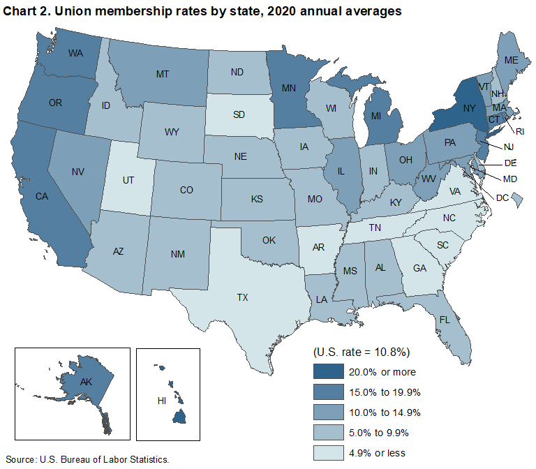 Chart 2. Union membership rates by state, 2020 annual averages Chart 2. Union membership rates by state, 2020 annual averages