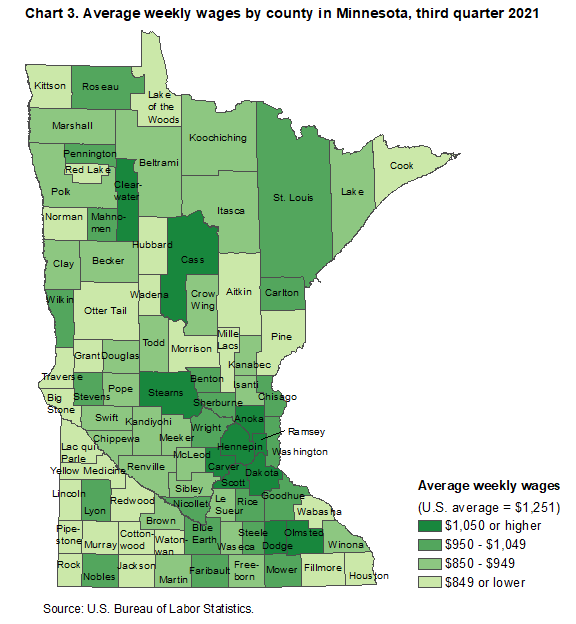 Chart 3. Average weekly wages by county in Minnesota, third quarter 2021 Chart 3. Average weekly wages by county in Minnesota, third quarter 2021