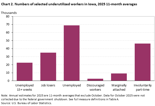Column chart of the numbers of selected underutilized workers 11-month average in 2025 in Iowa. An accessible version is available in View Chart Data link below the chart.