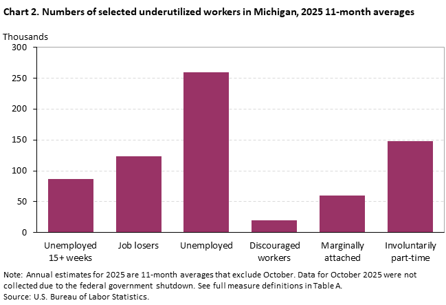 Column chart of the numbers of selected underutilized workers 11-month average in 2025 in Michigan. An accessible version is available in View Chart Data link below the chart. Column chart of the numbers of selected underutilized workers 11-month average in 2025 in Michigan. An accessible version is available in View Chart Data link below the chart.
