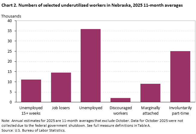 Column chart of the numbers of selected underutilized workers 11-month average in 2025 in Nebraska. An accessible version is available in View Chart Data link below the chart. Column chart of the numbers of selected underutilized workers 11-month average in 2025 in Nebraska. An accessible version is available in View Chart Data link below the chart.