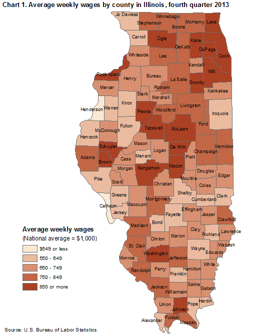 Chart 1. Average weekly wages by county in Illinois, fourth quarter 2013