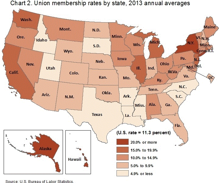 Chart 2. Union membership rates by state, 2013 annual averages
