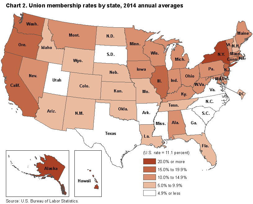 Chart 2.  Union membership rates by state, 2014 annual averages