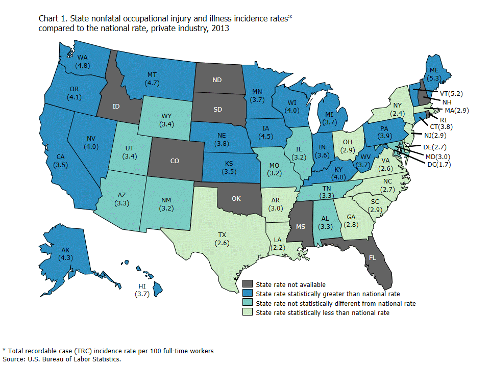 Chart 1. State nonfatal occupational injury and illness incidence rates* compared to the national rate, private industry, 2013